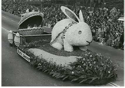 See's 15-foot Easter Bunny float in the 1949 Rose Bowl Parade